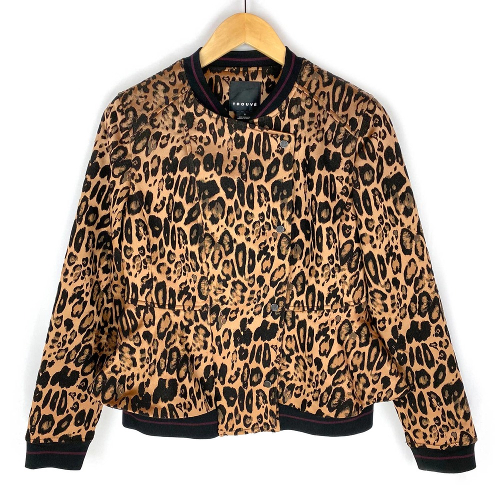 Trouve Bomber Jacket Leopard Cheetah Tan Black Peplum Zip Coat S